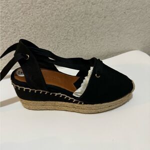 Ralph Lauren Black Uma Espadrille Wedge Ankle Wrap Platform Sandals Size 37